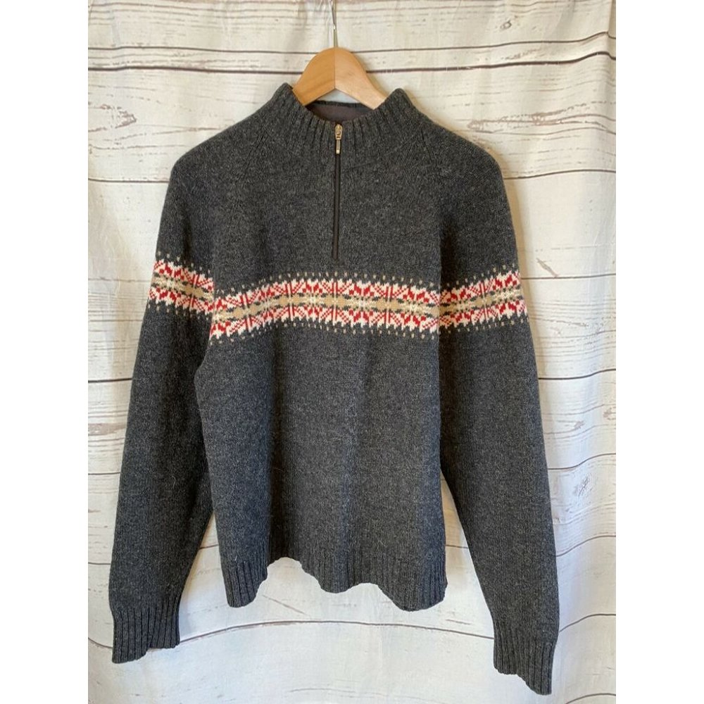 Woolrich Fair Isle Sweater Womens Small Gray Mock Neck Quarter Zip Lambs Wool